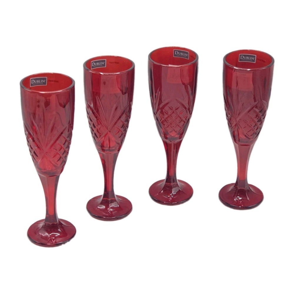 Godinger Dublin Ruby Red Crystal Champagne Flutes 6oz Set of 4 Holiday Drinkware